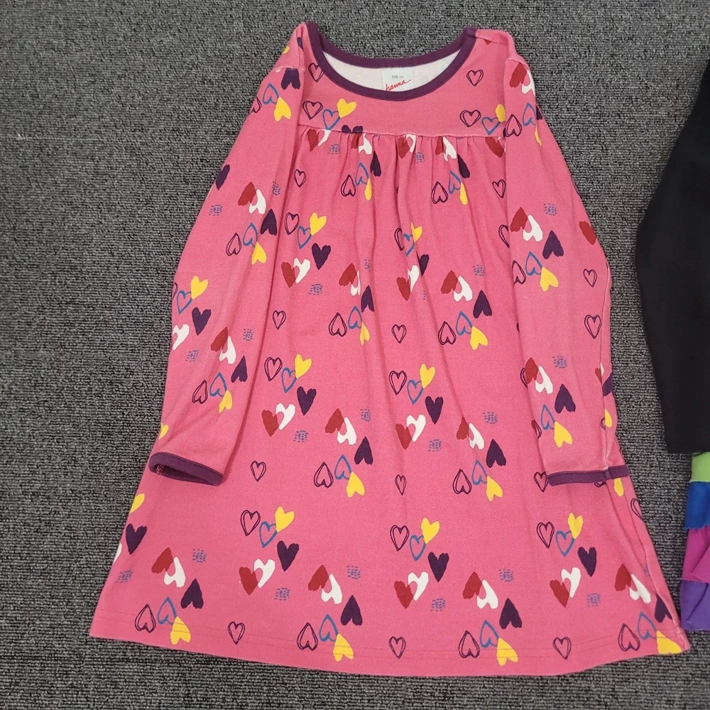 Hanna Andersson 110 5 Long Sleeve Dress‎ Lot Girls Heart Ruffle Navy Pink
